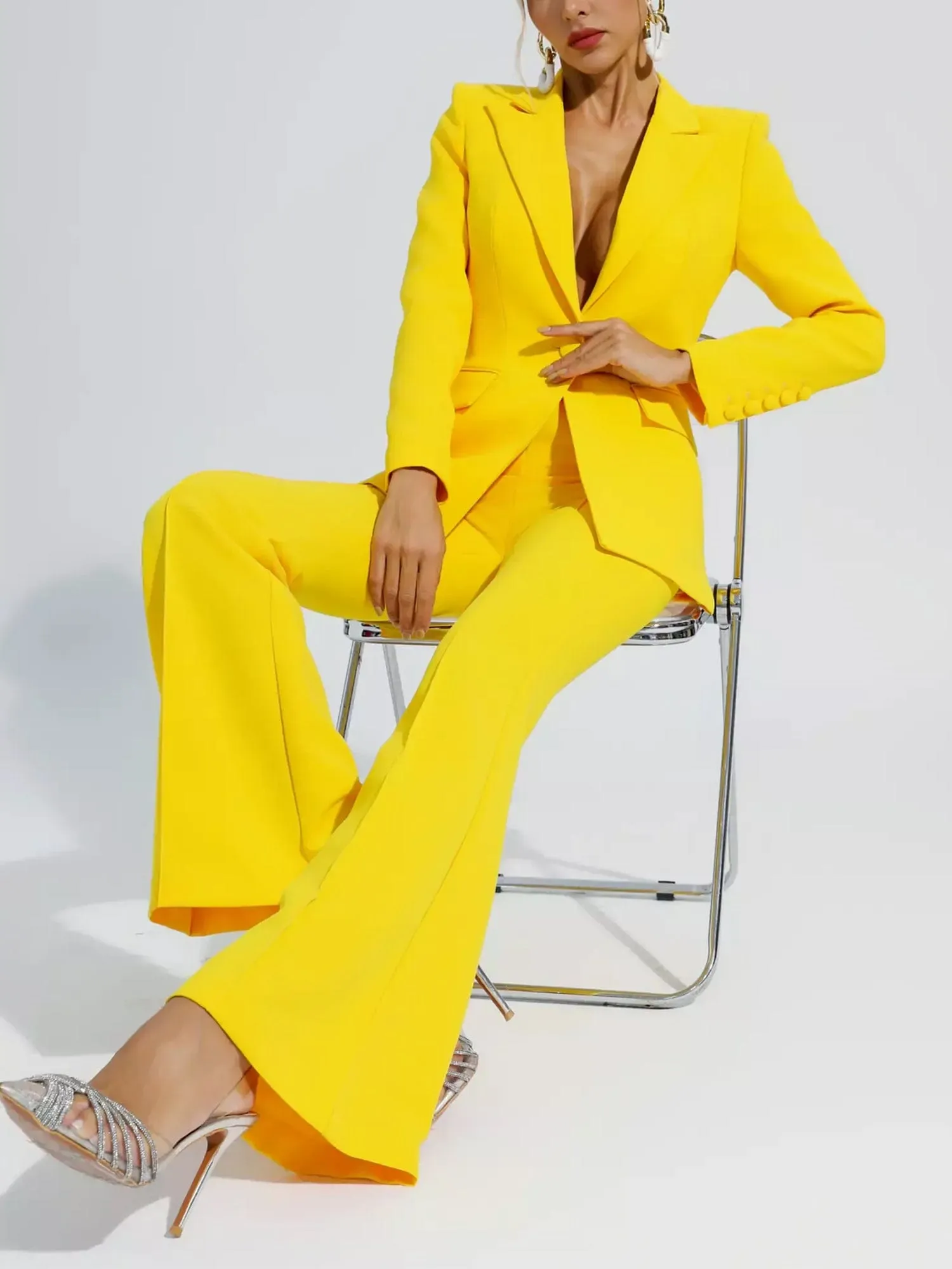 Yellow 2 Piece Stylish Elegant Peak Lapel Single Breasted Slim Fit Women Suit