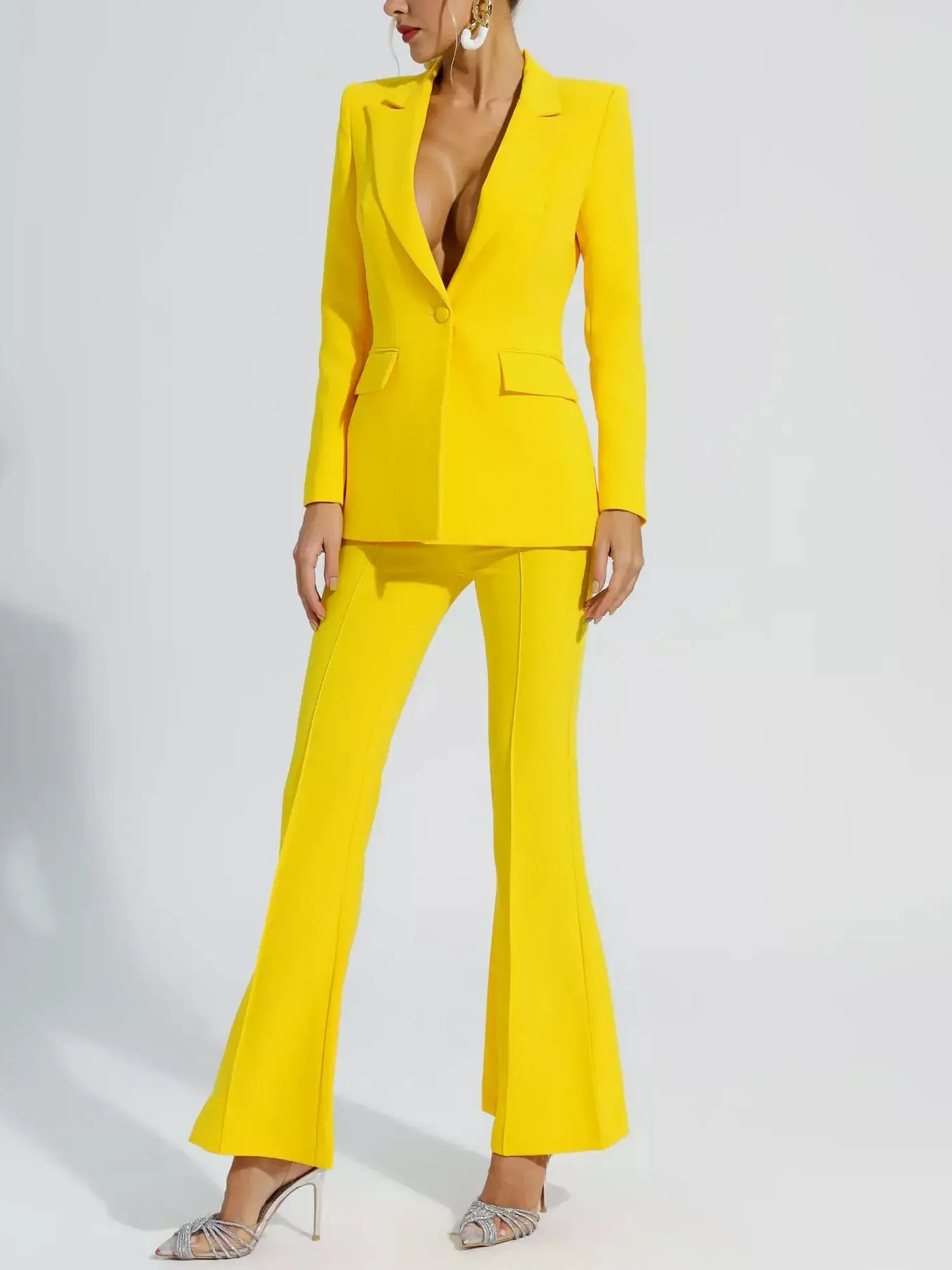 Yellow 2 Piece Stylish Elegant Peak Lapel Single Breasted Slim Fit Women Suit