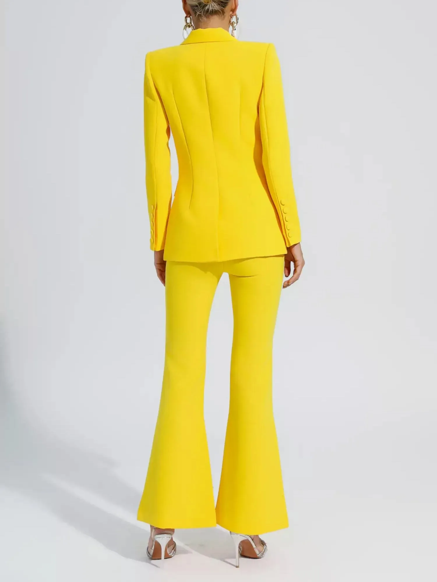 Yellow 2 Piece Stylish Elegant Peak Lapel Single Breasted Slim Fit Women Suit