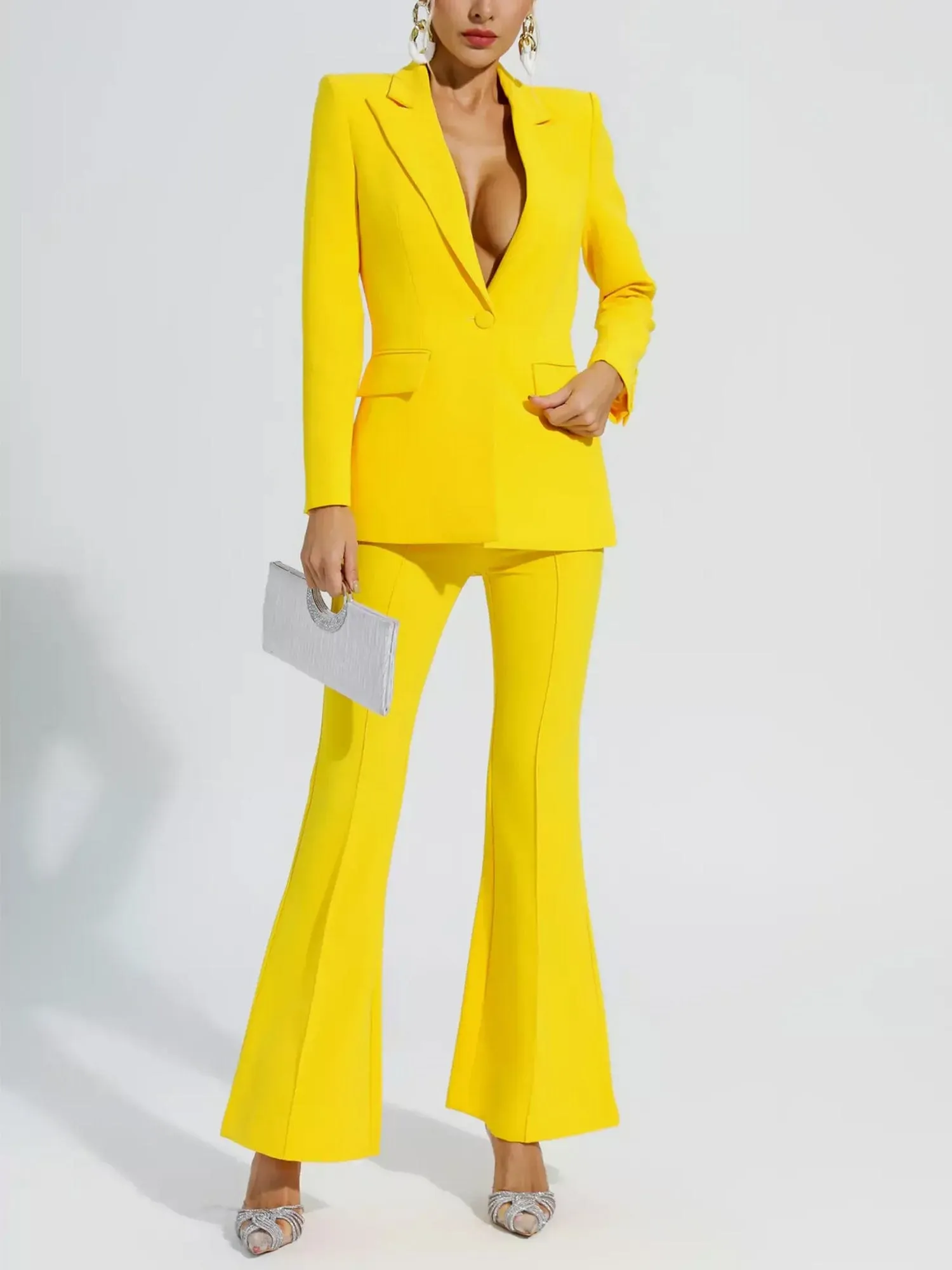 Yellow 2 Piece Stylish Elegant Peak Lapel Single Breasted Slim Fit Women Suit