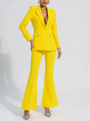 Yellow 2 Piece Stylish Elegant Peak Lapel Single Breasted Slim Fit Women Suit