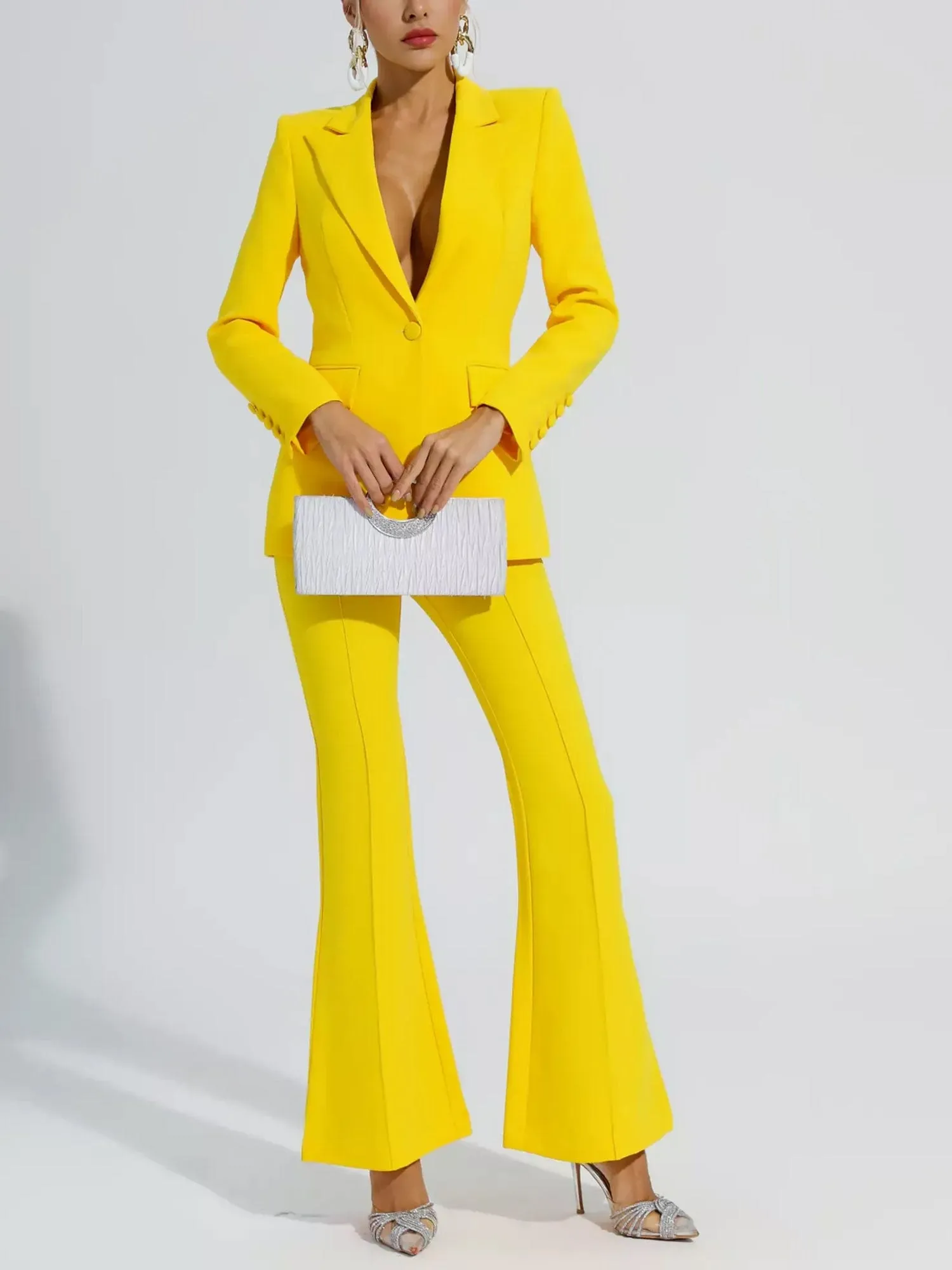 Yellow 2 Piece Stylish Elegant Peak Lapel Single Breasted Slim Fit Women Suit