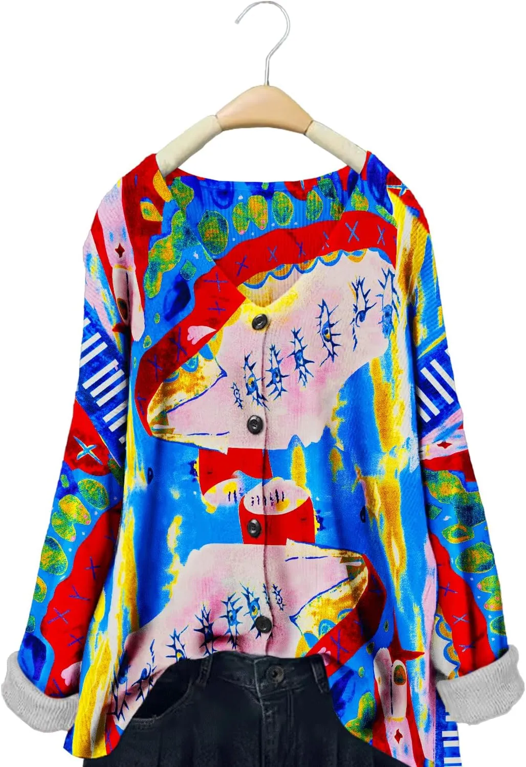 YESNO Women's Fall V-Neck Cardigan Sweaters Casual Graphic Oversized Open Front Button Down Long Sleeves Knit Tops SCV