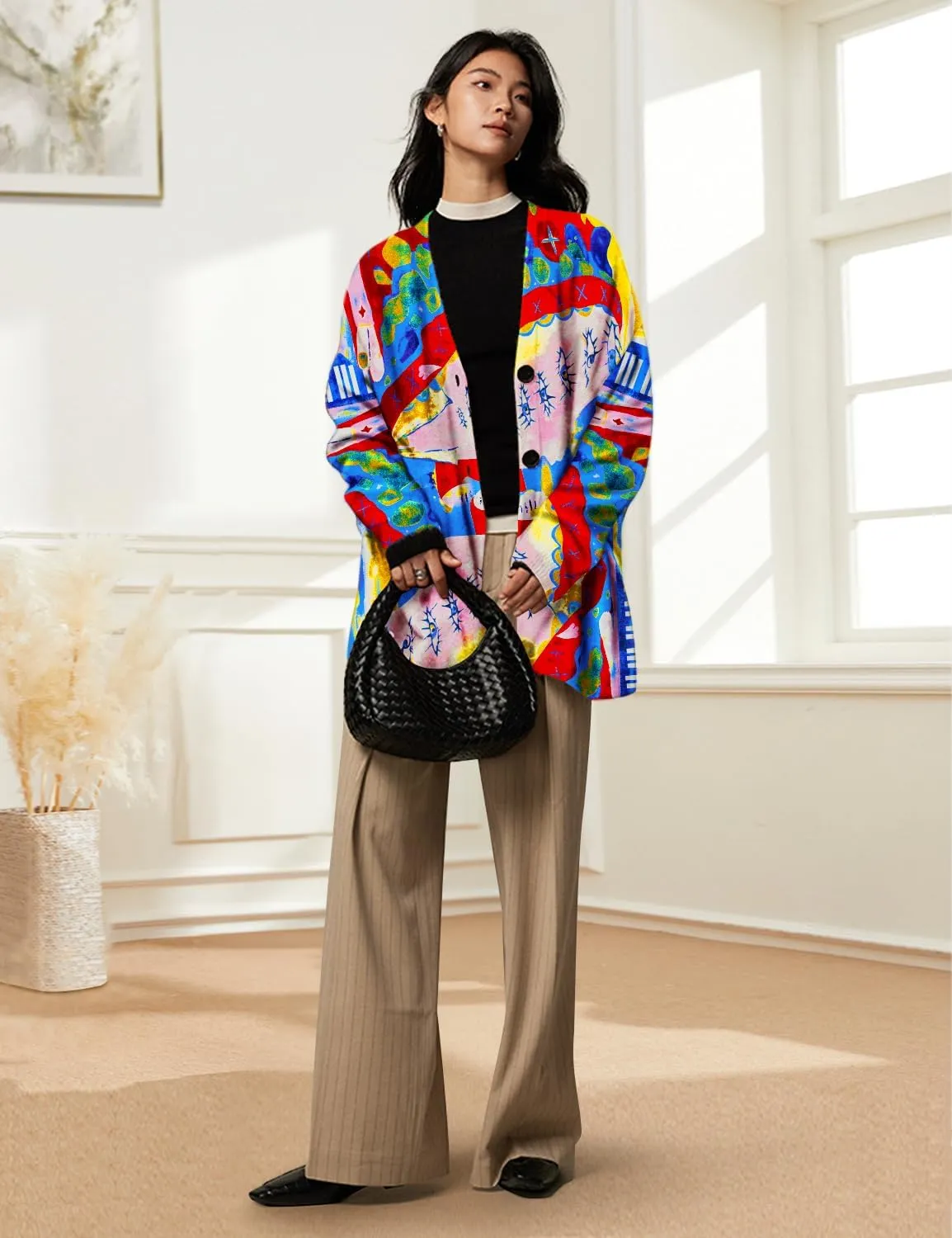 YESNO Women's Fall V-Neck Cardigan Sweaters Casual Graphic Oversized Open Front Button Down Long Sleeves Knit Tops SCV