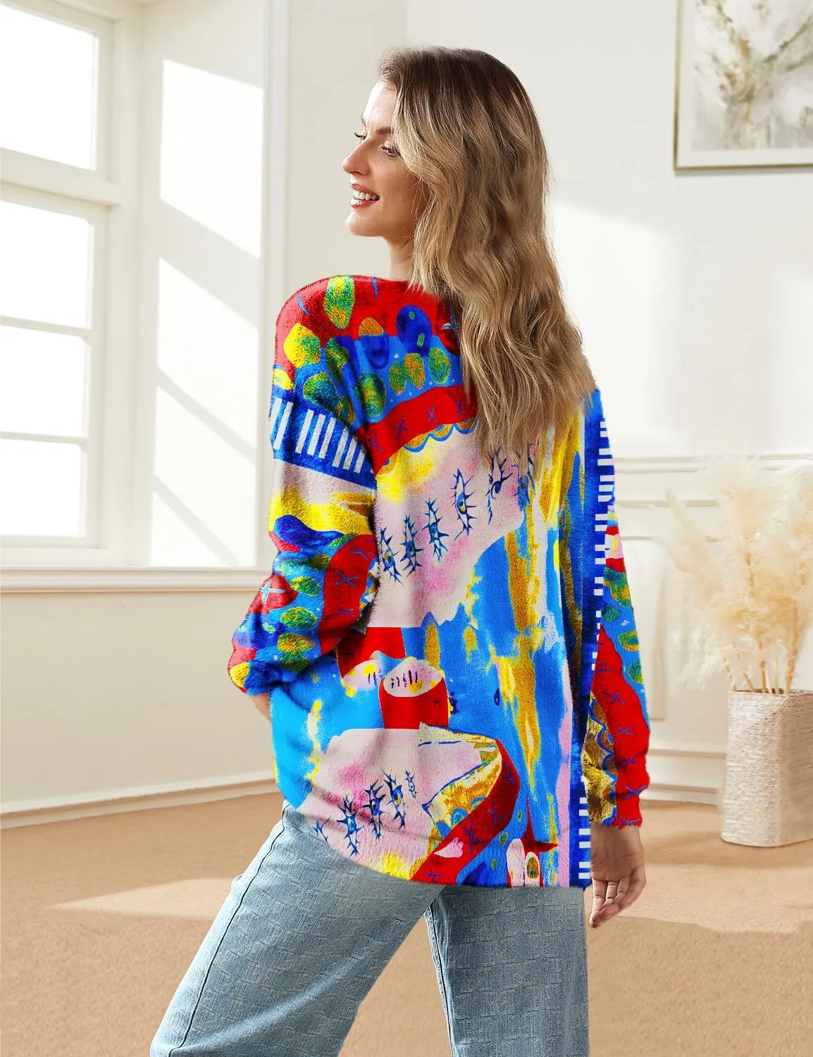 YESNO Women's Fall V-Neck Cardigan Sweaters Casual Graphic Oversized Open Front Button Down Long Sleeves Knit Tops SCV