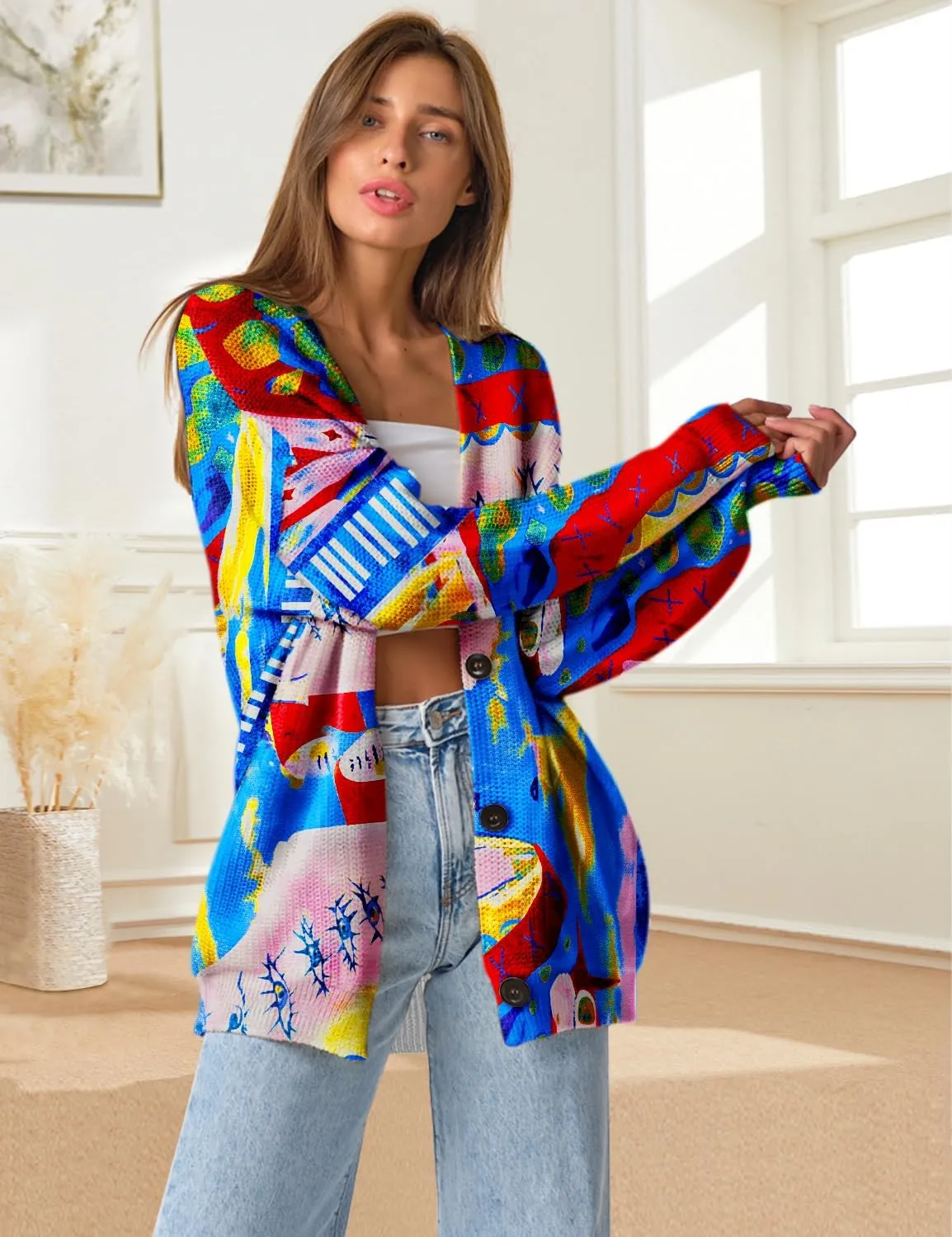 YESNO Women's Fall V-Neck Cardigan Sweaters Casual Graphic Oversized Open Front Button Down Long Sleeves Knit Tops SCV