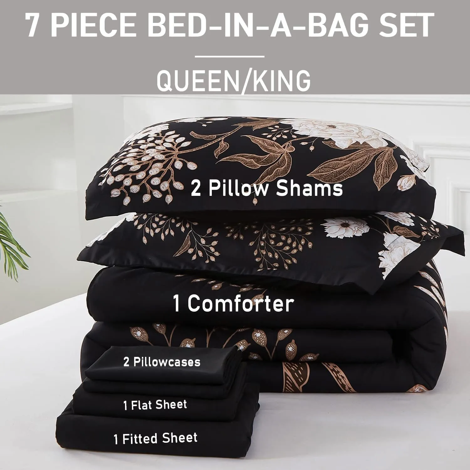 Yogeneg 7 Piece Bed in a Bag King Size Comforter Set Botanical Floral Bedding Set,White Flower Leaves Printed on Black Reversible Design,Soft Microfiber Comforter with Sheet Set,All Season(Black,King)