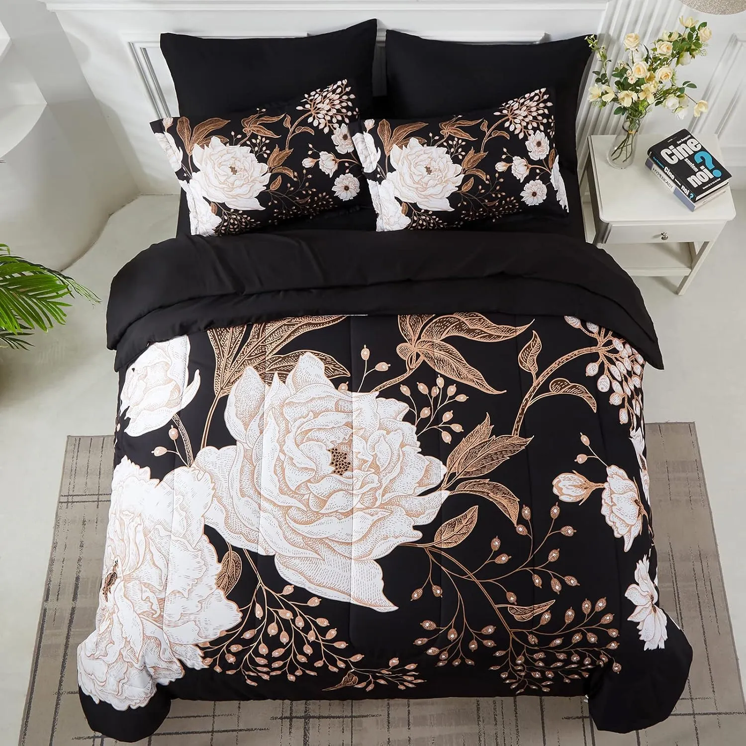 Yogeneg 7 Piece Bed in a Bag King Size Comforter Set Botanical Floral Bedding Set,White Flower Leaves Printed on Black Reversible Design,Soft Microfiber Comforter with Sheet Set,All Season(Black,King)
