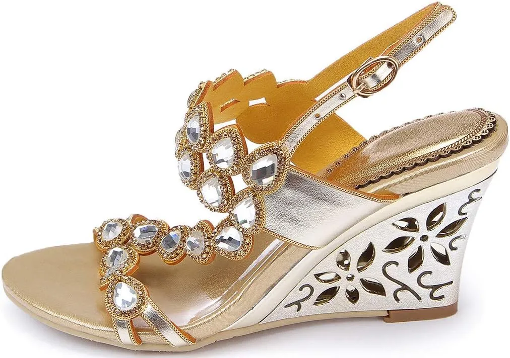 YooPrettyz Women Metallic Strappy Dress Heeled Sandals Jewel Wedding Wedge Sandals