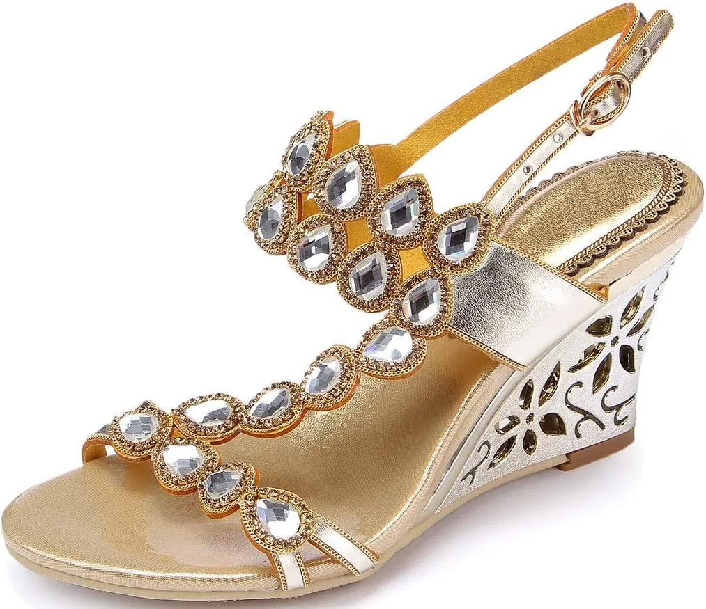 YooPrettyz Women Metallic Strappy Dress Heeled Sandals Jewel Wedding Wedge Sandals