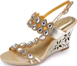 YooPrettyz Women Metallic Strappy Dress Heeled Sandals Jewel Wedding Wedge Sandals