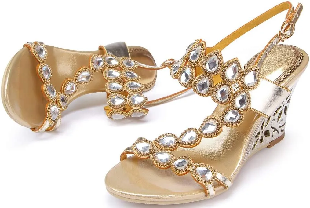 YooPrettyz Women Metallic Strappy Dress Heeled Sandals Jewel Wedding Wedge Sandals