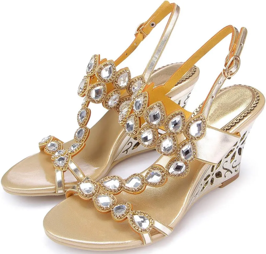YooPrettyz Women Metallic Strappy Dress Heeled Sandals Jewel Wedding Wedge Sandals