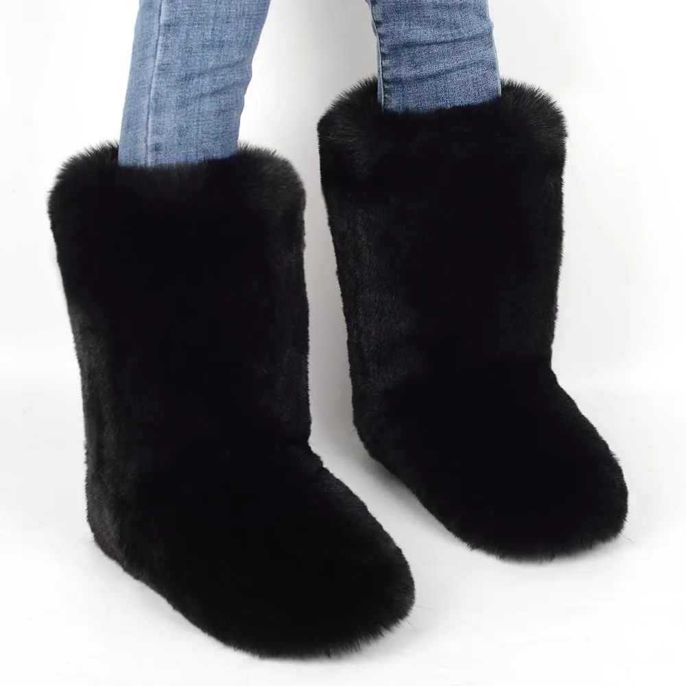 ZSGYCHCY Women's Faux Fur Boots Winter Fuzzy Fluffy Warm Furry Snow Boots Flat Shoes