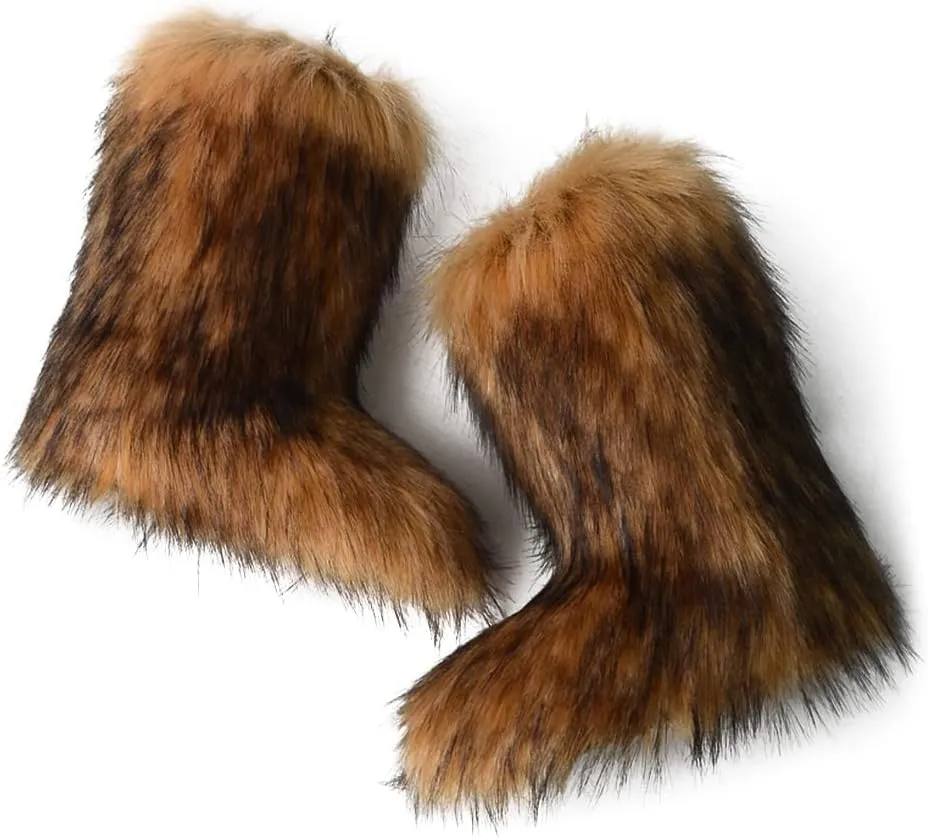 ZSGYCHCY Women's Faux Fur Boots Winter Fuzzy Fluffy Warm Furry Snow Boots Flat Shoes