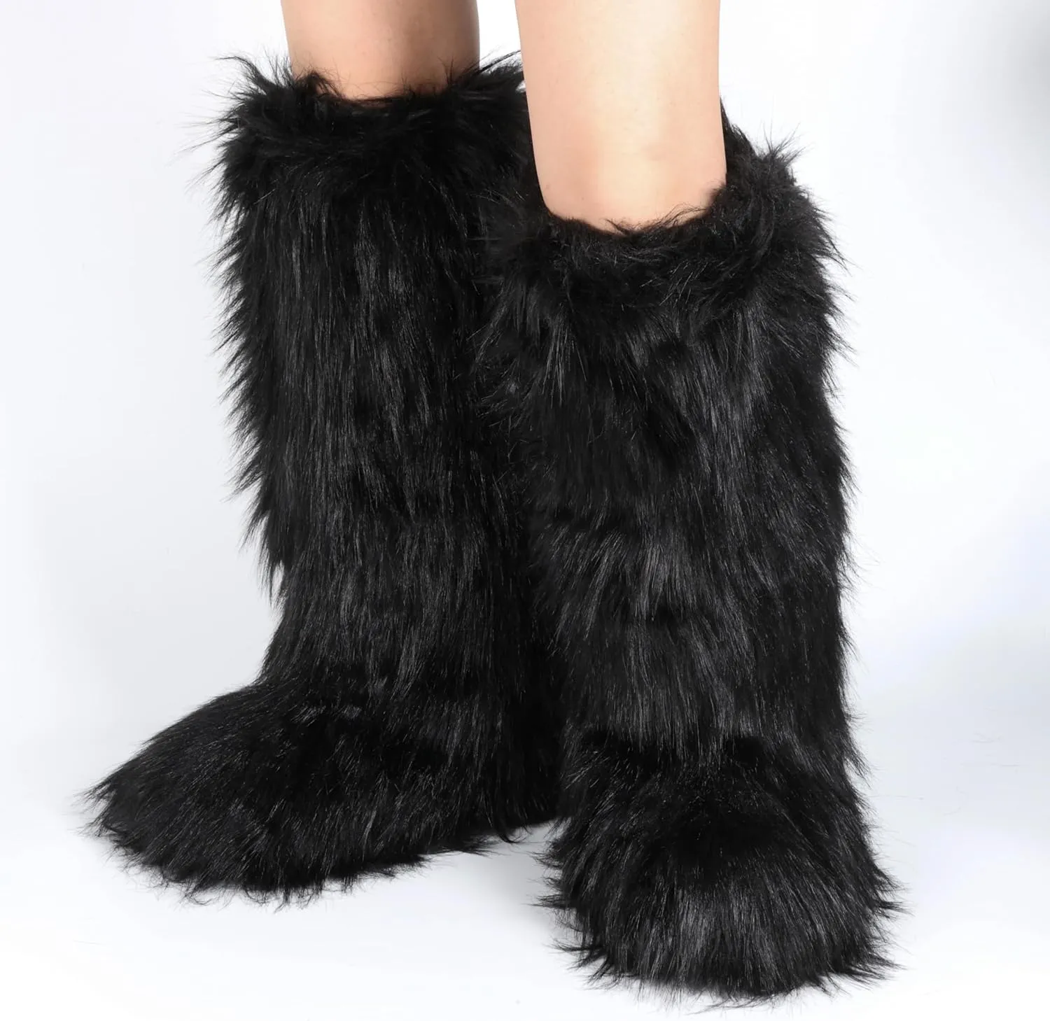 ZVC Women's Faux Fur Boots Comfortable Furry Snow Boots Fluffy Winter Boots Warm Fuzzy Outdoor Knee-High Boots Indoor Flat Shoes