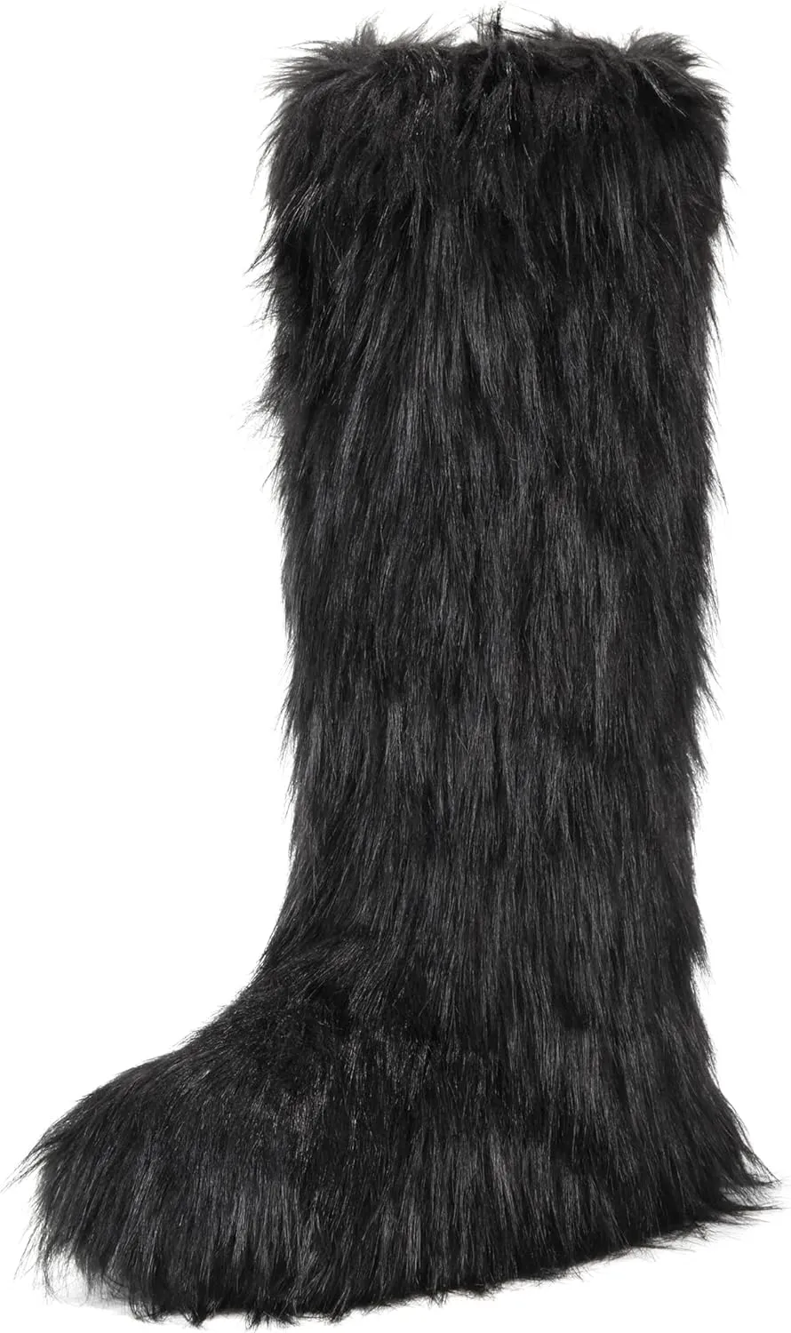 ZVC Women's Faux Fur Boots Comfortable Furry Snow Boots Fluffy Winter Boots Warm Fuzzy Outdoor Knee-High Boots Indoor Flat Shoes