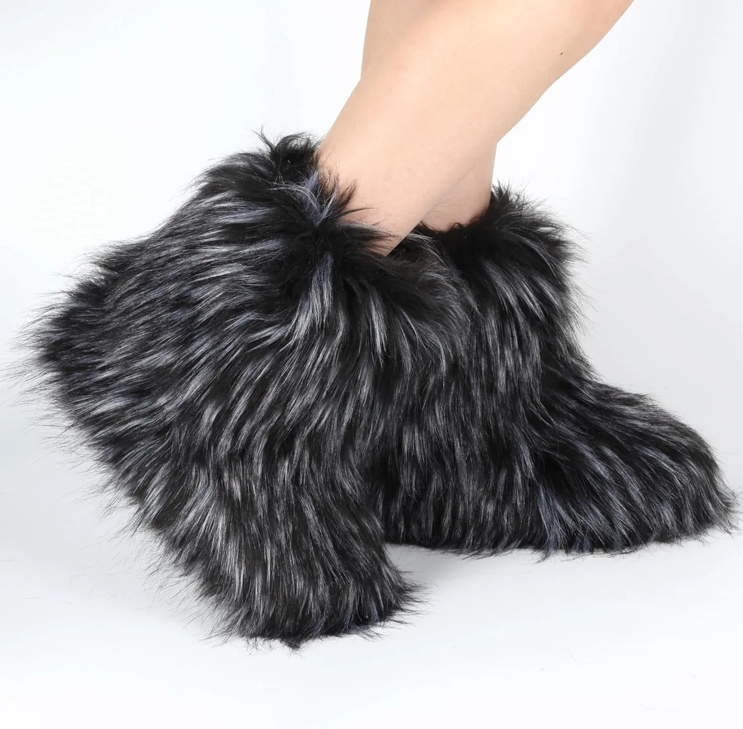 ZVC Women's Faux Fur Boots Furry Snow Boots Comfortable Fluffy Winter Boot Warm Fuzzy Mid-Calf Boot Outdoor Indoor Flat Shoes