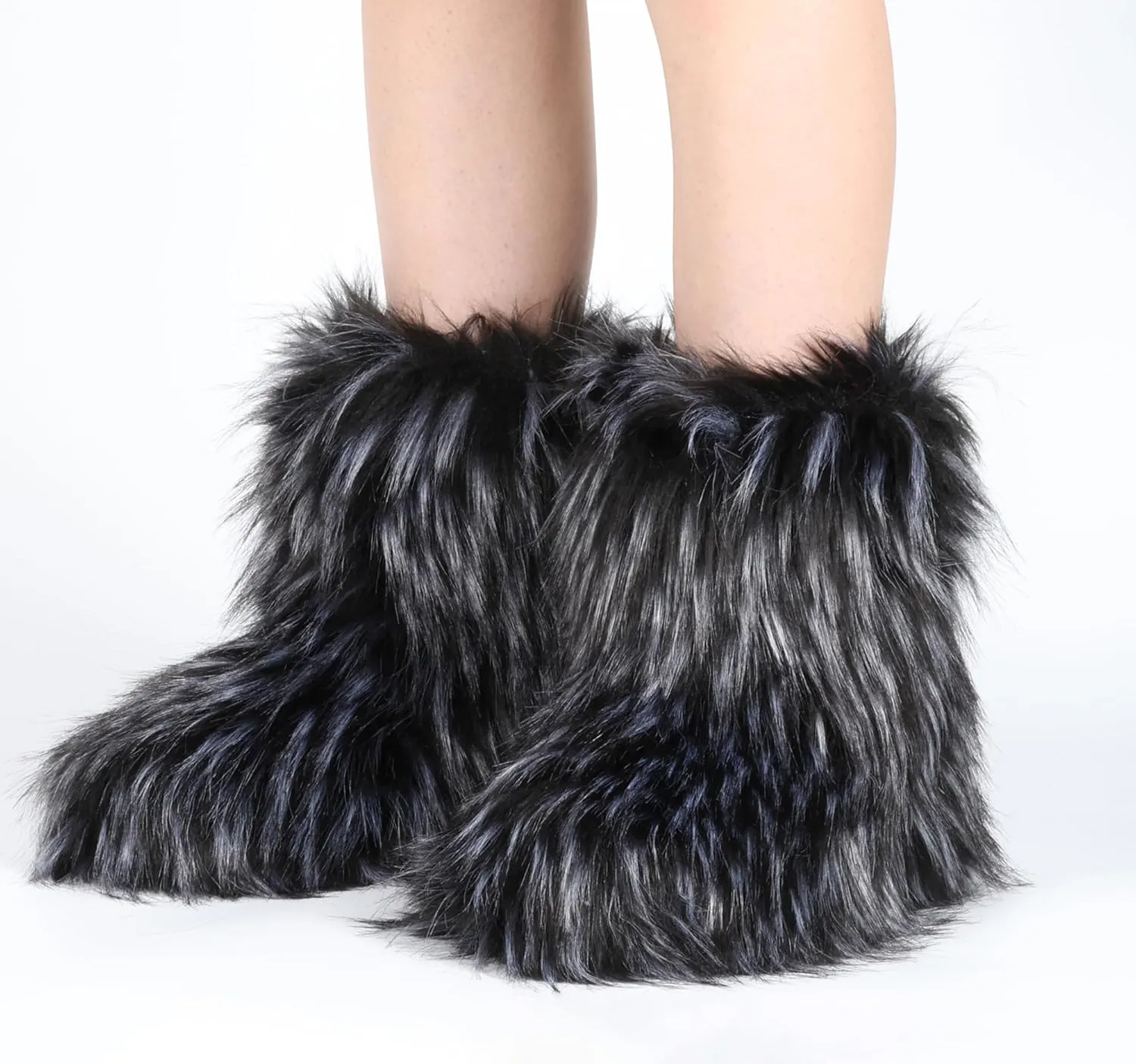 ZVC Women's Faux Fur Boots Furry Snow Boots Comfortable Fluffy Winter Boot Warm Fuzzy Mid-Calf Boot Outdoor Indoor Flat Shoes