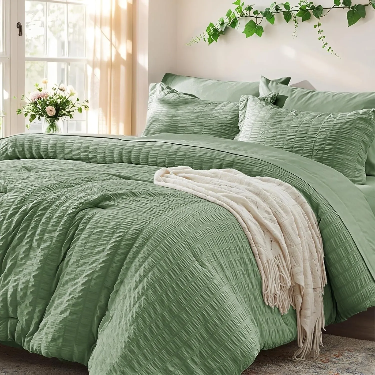 Zzlpp Queen Comforter Set 7 pieces, Sage Green Seersucker Bed in a Bag with Comforter and Sheets, All Season Bedding Sets with 1 Comforter, 2 Pillow Shams, 2 Pillowcases, 1 Flat Sheet, 1 Fitted Sheet