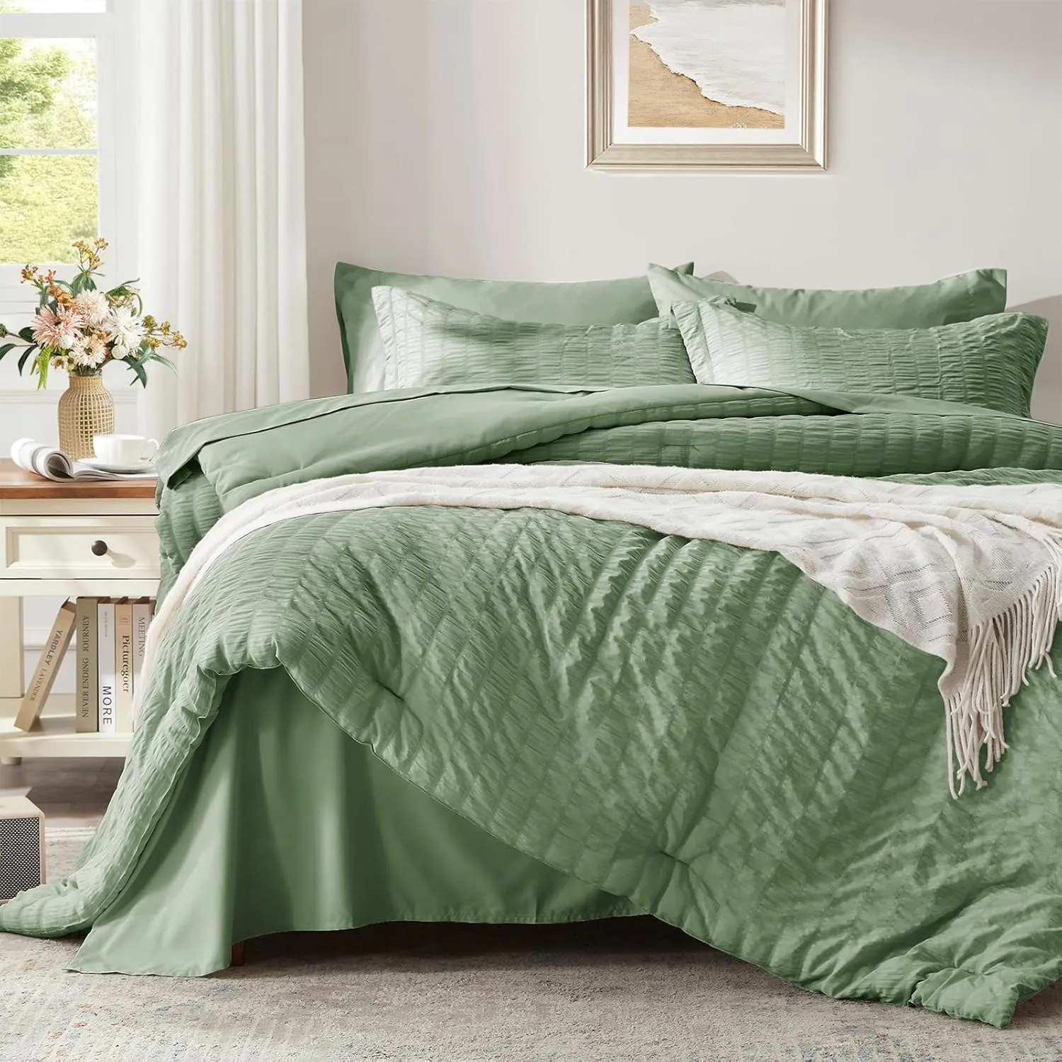 Zzlpp Queen Comforter Set 7 pieces, Sage Green Seersucker Bed in a Bag with Comforter and Sheets, All Season Bedding Sets with 1 Comforter, 2 Pillow Shams, 2 Pillowcases, 1 Flat Sheet, 1 Fitted Sheet