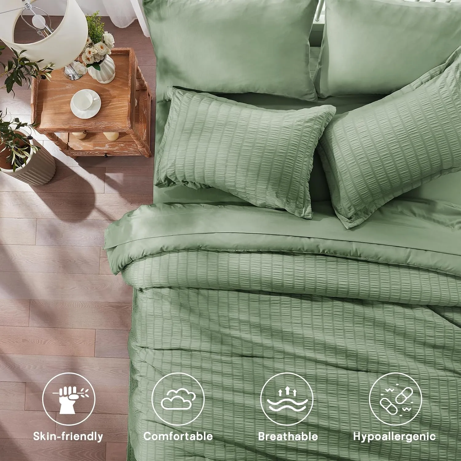 Zzlpp Queen Comforter Set 7 pieces, Sage Green Seersucker Bed in a Bag with Comforter and Sheets, All Season Bedding Sets with 1 Comforter, 2 Pillow Shams, 2 Pillowcases, 1 Flat Sheet, 1 Fitted Sheet